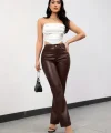 Kadın Yüksek Bel Cepli Deri Pantolon