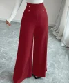 Kadın Yüksek Bel Düğmeli Geniş Paçalı Ithal Krep Pantolon