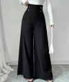 Kadın Yüksek Bel Düğmeli Geniş Paçalı Ithal Krep Pantolon