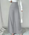 Kadın Yüksek Bel Düğmeli Geniş Paçalı Ithal Krep Pantolon