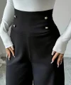Kadın Yüksek Bel Düğmeli Geniş Paçalı Ithal Krep Pantolon