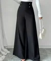 Kadın Yüksek Bel Düğmeli Geniş Paçalı Ithal Krep Pantolon