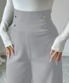 Kadın Yüksek Bel Düğmeli Geniş Paçalı Ithal Krep Pantolon