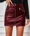 Kadın Yüksek Bel Fermuarlı Mini Deri Etek