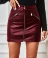 Kadın Yüksek Bel Fermuarlı Mini Deri Etek