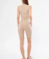 Kadın Yüksek Bel Fitilli Croplu Biker Şortlu Takım - Bej