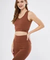 Kadın Yüksek Bel Fitilli Croplu Biker Şortlu Takım - Kahve