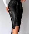 Kadın Yüksek Bel Kuşaklı Yanlardan Düğmeli Mini Deri Etek
