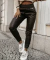 Kadın Yüksek Bel Lastikli Cepli Deri Pantolon