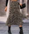 Kadın Yüksek Bel Leopar Desenli Midi Krep Etek