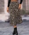 Kadın Yüksek Bel Leopar Desenli Midi Krep Etek