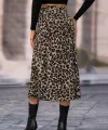 Kadın Yüksek Bel Leopar Desenli Midi Krep Etek