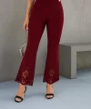 Kadın Yüksek Bel Paçaya Doğru Genişleyen Lazer çiçek Kesim Detaylı Ithal Krep Pantolon