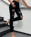 Kadın Yüksek Bel Slim Fit Lazer Kesim Yırtık Pantolon