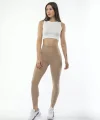 Kadın Yüksek Bel Sporcu Düz Tayt - Bej