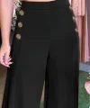 Kadın Yüksek Bel Yan Düğme Detaylı Geniş Paçalı Ithal Krep Pantolon