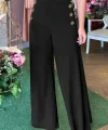Kadın Yüksek Bel Yan Düğme Detaylı Geniş Paçalı Ithal Krep Pantolon