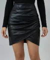 Kadın Yüksek Bel Yandan Fermuarlı Pileli Mini Deri Etek