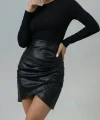 Kadın Yüksek Bel Yandan Fermuarlı Pileli Mini Deri Etek