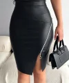 Kadın Yüksek Bel Yandan Fermuarlı Ve Yırtmaçlı Deri Etek