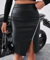 Kadın Yüksek Bel Yandan Fermuarlı Ve Yırtmaçlı Deri Etek