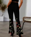 Kadın Yüksek Belli çiçek Desenli Ispanyol Paçalı Dalgıç Tayt Pantolon
