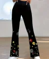 Kadın Yüksek Belli çiçek Desenli Ispanyol Paçalı Dalgıç Tayt Pantolon