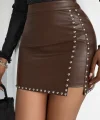 Kadın Yüksek Belli Yandan çivili Mini Deri Etek