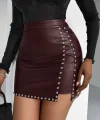 Kadın Yüksek Belli Yandan çivili Mini Deri Etek