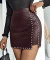 Kadın Yüksek Belli Yandan çivili Mini Deri Etek