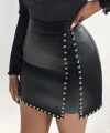 Kadın Yüksek Belli Yandan çivili Mini Deri Etek