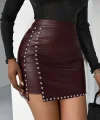 Kadın Yüksek Belli Yandan çivili Mini Deri Etek