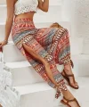 Kadın Yüksek Belli Yanlardan Yırtmaç Detaylı Desenli Bürümcük Pantolon
