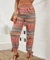 Kadın Yüksek Belli Yanlardan Yırtmaç Detaylı Desenli Bürümcük Pantolon