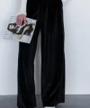 Kadın Yüksek Ben Beli Lastik Detay Kadife Kumaş Bol Paça Pantolon