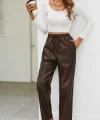 Kadın Yüksel Bel Bağcıklı Deri Pantolon