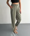 Kadın Yüksel Bel Beli Bağcıklı Cepli Rahat Paça Pantalon - Su Yeşili