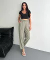 Kadın Yüksel Bel Beli Bağcıklı Cepli Rahat Paça Pantalon - Su Yeşili