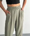 Kadın Yüksel Bel Beli Bağcıklı Cepli Rahat Paça Pantalon - Su Yeşili