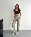 Kadın Yüksel Bel Beli Bağcıklı Cepli Rahat Paça Pantalon - Su Yeşili