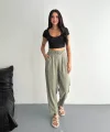 Kadın Yüksel Bel Beli Bağcıklı Cepli Rahat Paça Pantalon - Su Yeşili