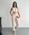 Kadın Yüksel Bel Beli Bağcıklı Rahat Boru Paça Pantalon - Kırık Beyaz