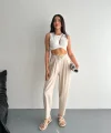 Kadın Yüksel Bel Beli Bağcıklı Rahat Boru Paça Pantalon - Kırık Beyaz