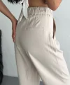 Kadın Yüksel Bel Beli Bağcıklı Rahat Boru Paça Pantalon - Kırık Beyaz