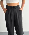 Kadın Yüksel Bel Beli Bağcıklı Rahat Cepli Boru Paça Pantalon - Siyah