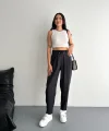 Kadın Yüksel Bel Beli Bağcıklı Rahat Cepli Boru Paça Pantalon - Siyah