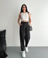 Kadın Yüksel Bel Beli Bağcıklı Rahat Cepli Boru Paça Pantalon - Siyah