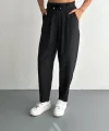 Kadın Yüksel Bel Beli Bağcıklı Rahat Cepli Boru Paça Pantalon - Siyah