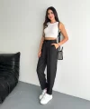 Kadın Yüksel Bel Beli Bağcıklı Rahat Cepli Boru Paça Pantalon - Siyah