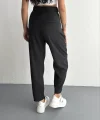 Kadın Yüksel Bel Beli Bağcıklı Rahat Cepli Boru Paça Pantalon - Siyah